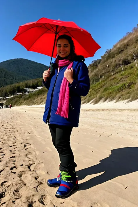 medium shot, <lora:diosaany3.1:0.75>, curly brown hair, realistic photo of a woman, at the beach, under an umbrella, wearing a large coat, wearing a turtleneck sweater, wearing a scarf, wearing a beenie, wearing ski pants, wearing ski boots, within Civitai...