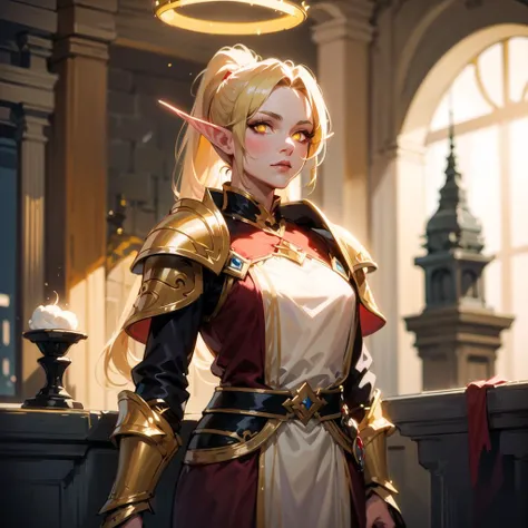 (masterpiece),best quality, Amazing, finely detailed, Depth of field, beautiful detailed eyes, looking at viewer, robes, 1girl, shebelf, glowing yellow eyes, blonde hair, castle indoors, volumetric lighting, <lora:sxzBloodElvesWarcraft_sxzBloodElves:0.6>, ...