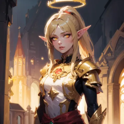 (masterpiece),best quality, Amazing, finely detailed, Depth of field, beautiful detailed eyes, looking at viewer, robes, 1girl, shebelf, glowing yellow eyes, blonde hair, cathedral in the background, volumetric lighting, <lora:sxzBloodElvesWarcraft_sxzBloo...