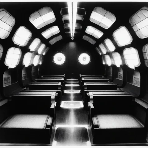 the interior of a spaceship. Art deco, industrial, sci-fi, Movie still Metropolis_e,