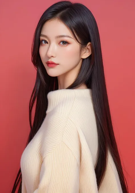 a woman with long black hair wearing a white sweater