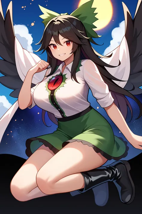 score_9, score_8_up, solo, blue sky, clouds, particles, sun
BREAK
1girl, large breasts, reiuji utsuho, black hair, long hair, hair bow, red eyes, third eye, black wings, white shirt, green skirt, starry sky print cape, lace-up boots, smile, looking at view...