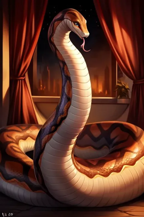 a snake sitting on top of a bed in a room