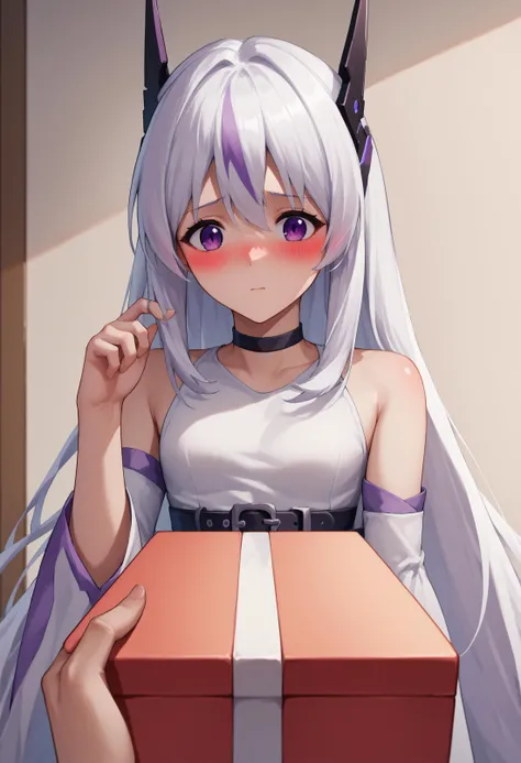 anime girl with white hair holding a red box with a cat ears