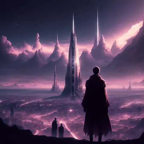 anime Epic Composition, massive scale a man stands observing the distant mega Spire city in the distance (SpireCity style:1) <lora:djzSpireCity:0.8)