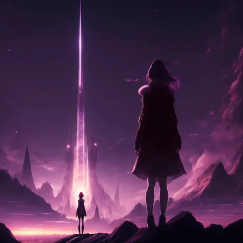 anime Epic Composition, massive scale a woman stands observing the distant mega Spire city in the distance (SpireCity style:1) <lora:djzSpireCity:0.8)