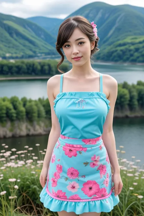 a woman in a blue dress standing in front of a lake