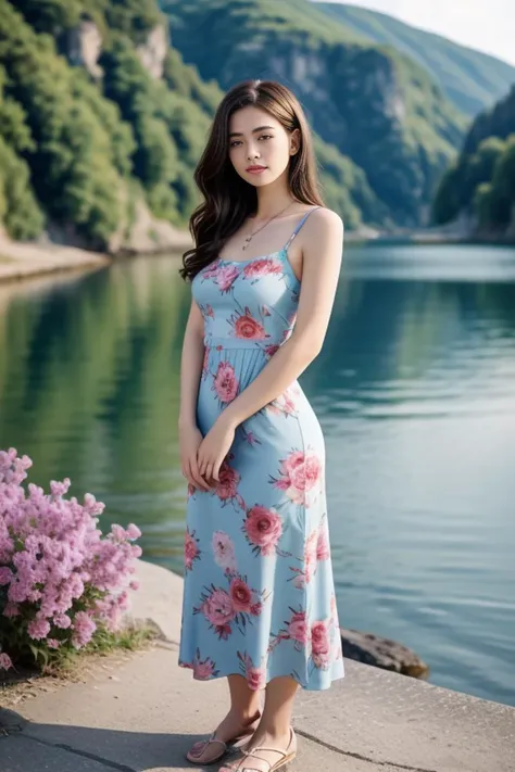 a woman standing on a sidewalk next to a body of water