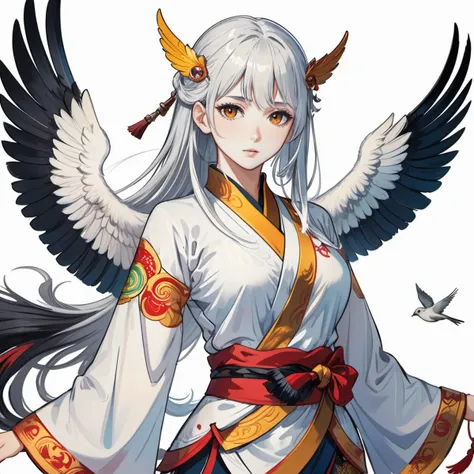 a woman with white hair and wings in a white outfit