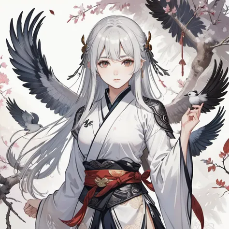 dark skinned, feathered winged, female, white hair, martial arts style clothing, full body, 1girl, long hair, bird, solo, white hair, looking at viewer, white eyes, letterboxed, bracelet, white background, grey eyes, simple background, dark-skinned female,...