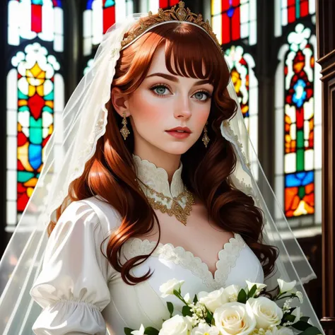 A close-up portrait photograph of a brides face, her eyes deep and alluring. this beautiful Caucasian woman is wearing a traditional white wedding gown, and her copper hair is styled in a beautiful display of curls. The chapel is decorated with candles and...