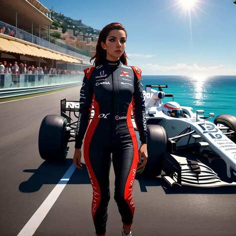 A highly detailed digital rendering of a determined Latina woman, dressed in a sleek racing suit, confidently standing next to her Formula 1 car, on a sun-drenched Monaco circuit, the sparkling Mediterranean Sea in the background