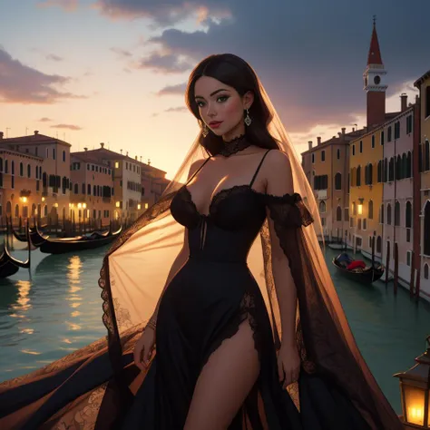 Ultra-realistic art, Italian woman, in a risqu lace dress that barely veils her hourglass figure, her full bust and shapely hips on display. Amid Venices magical twilight, her radiant skin radiates seduction. DSLR aesthetic, 8K UHD, a bewitching beauty und...