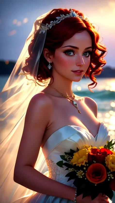 bride with red hair and veil holding a bouquet of flowers