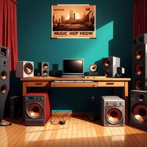 a close up of a desk with speakers and a computer