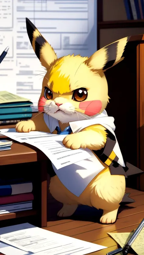 Pikachu commiting tax fraud, paperwork, exhausted, cute, really cute, cozy,by steve hanks, by lisa yuskavage, by serov valentin, by tarkovsky, 8 k render, detailed, cute cartoon style