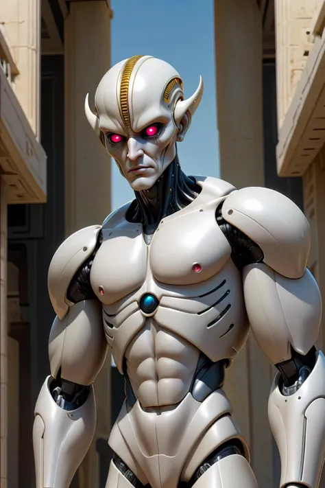 e4 The Emperor: embodies authority, structure, and discipline. ,, cybernetic synthetic alien gods in a high tech futuristic athens, athletic body, by mark waid, Brian Bolland, joe gb Fenton, not cropped, wide angle, eye level shot, 16k, c4d max,