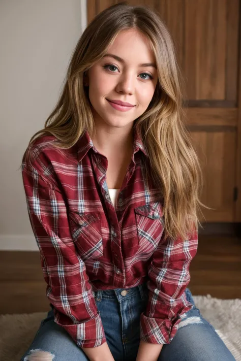 (sydsw33n3y_TI:0.9), (happy, smile), (plaid flannel shirt with distressed boyfriend jeans), close-up portrait, under volumetric lighting, knee-high, shot on a Leica T