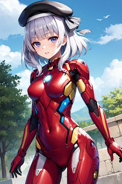 masterpiece, best quality, highres, aaarisu, medium hair, braid, blunt bangs, beret, black headwear, hat ribbon, <lora:sakayanagi_arisu_v1:0.7>, iron man, bodysuit, ruins,