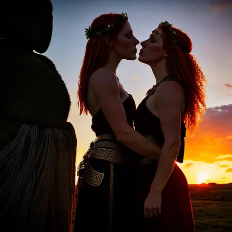 Celtic priestesses,redheads,ceremonial loincloths,kiss, <lora:frenchKiss_v1:1>,hdr,sharp focus,sunset stonehenge background, <lora:epiNoiseoffset_v2:1>,