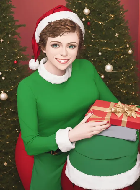 arafed woman in green dress holding a present in front of a christmas tree