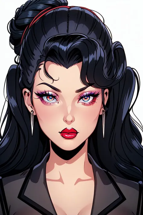 a cartoon of a woman with long black hair and a red lipstick