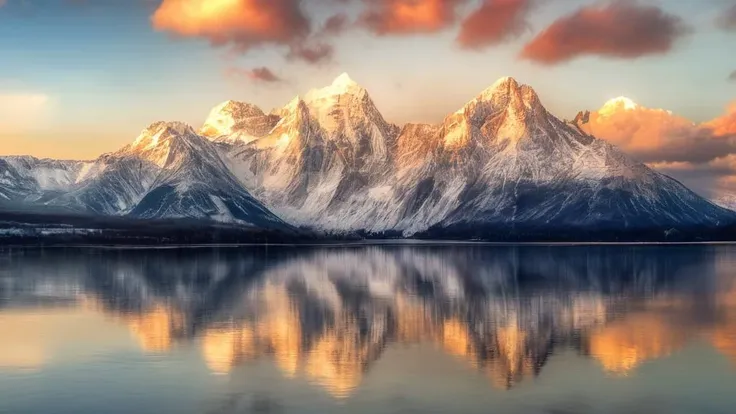 mountains reflected in a lake at sunset with clouds