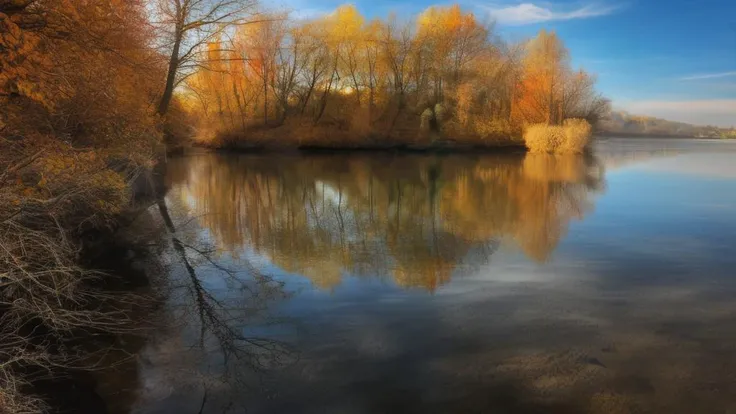 arafed photograph of a lake with trees and water in the background