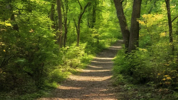 there is a dirt path in the woods with trees on both sides