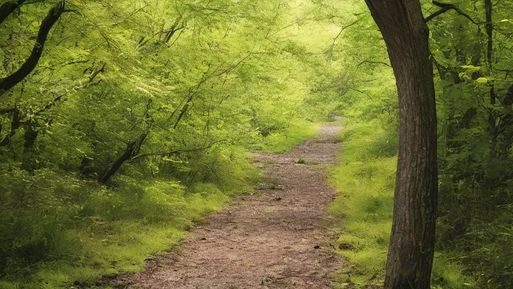 there is a dirt path that is surrounded by trees and grass