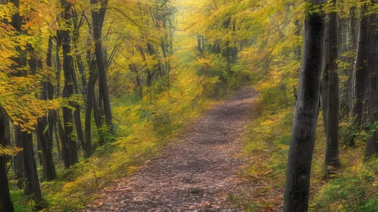 there is a dirt path in the woods with yellow leaves