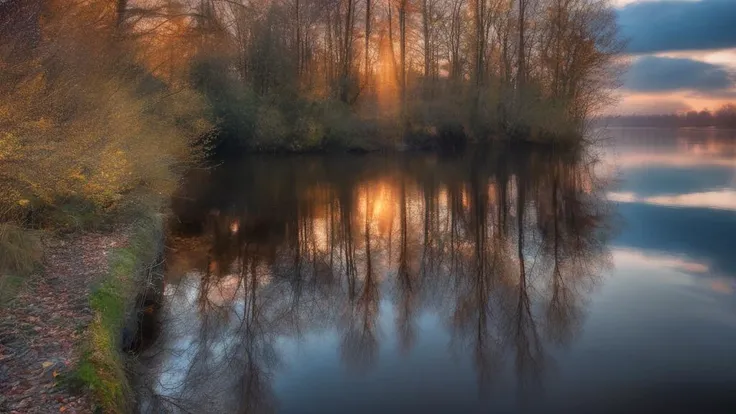 trees are reflected in the water of a lake at sunset