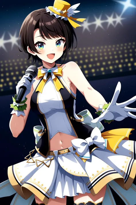 (masterpiece, best quality, very aesthetic, ultra detailed), intricate details, 4k, anime style, ddsubaru, short hair, mini top hat, yellow headwear, hololive idol uniform, yellow bowtie, sleeveless shirt, sleeveless, wrist cuffs, white gloves, navel, whit...