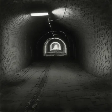 a black and white photo of a tunnel with a light at the end