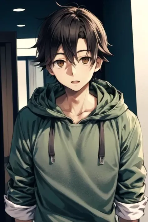 masterpiece, best quality, high quality, 1boy, solo, male focus, looking at viewer, upper body, <lora:kousuke_seto:0.78>, kousuke_seto, black hair, brown eyes, hoodie