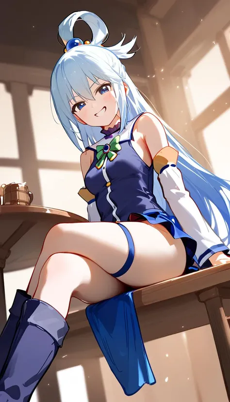 score_9, score_8_up, score_7_up, source_anime,
1girl, aqua (konosuba), kono subarashii sekai ni shukufuku wo!, sitting, crossed legs, (thigh boots), from below, miniskirt,looking at viewer, proud expression, grin, <lora:Expressive_H-000001:0.5>, masterpiec...