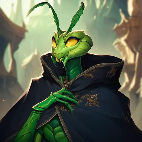 a close up of a green alien with a cape on