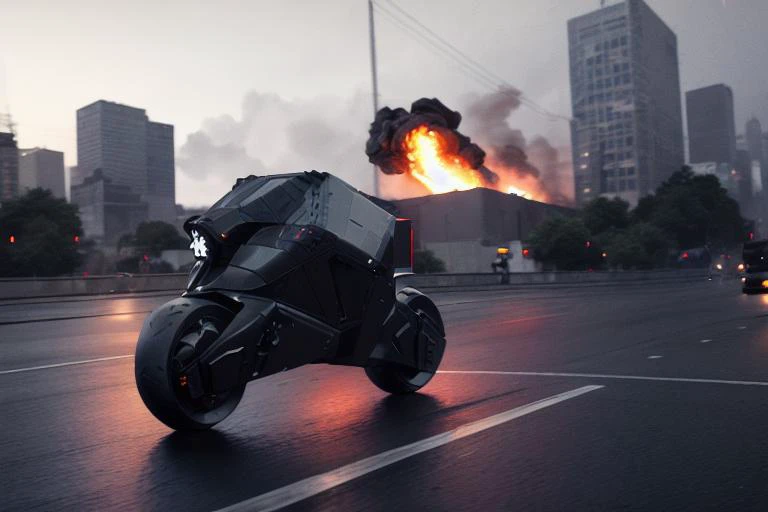 analog gloomy aerial photo of an (autonomous bike, <lora:wr322ugv:1>), ((nighttime)), (speeding down an avenue in a city on fire), (explosions in the background), High Detail, Sharp focus, (photorealism), realistic, best quality, 8k, award winning, dramati...