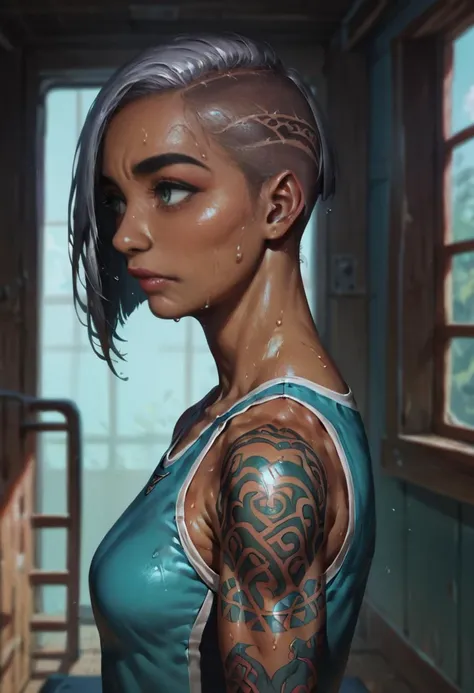 a woman with tattoos on her arm and a blue top