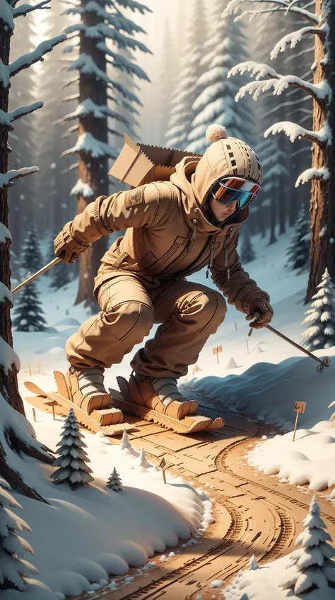 CardboardStyle <lora:CardboardStyle:1> a skier navigating through a snow-covered forest filled with mystery, simple, basic, corrugated, cardboard, texture, crafts, (Masterpiece:1.3) (best quality:1.2) (high quality:1.1)