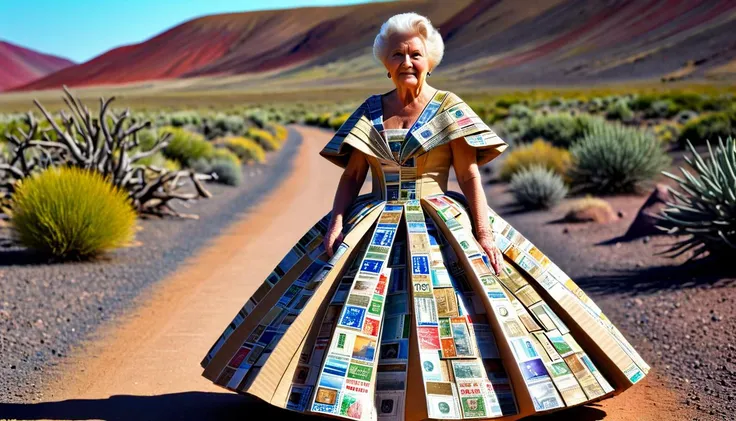 <lora:CardboardStyleXL:1>CardboardStyle elderly lady garbed in a gown crafted from vintage postage stamps, made from (textured:0.7) cardboard, simple, basic, corrugated, hand-crafted, in location: petrified forest, <lora:add-detail-xl:0.5>