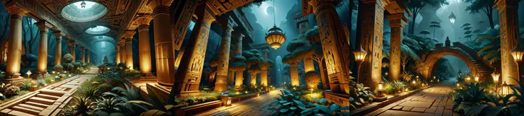 (otherworldly, otherworldly atmosphere, otherworldly appearance), highly insanely detailed, masterpiece, top quality, best quality, highres, 4k, 8k, RAW photo, ((ancient egyptian theme:1.2)), 
a walkway in a garden with lots of green plants and trees on ei...