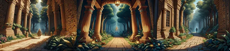 (otherworldly, otherworldly atmosphere, otherworldly appearance), highly insanely detailed, masterpiece, top quality, best quality, highres, 4k, 8k, RAW photo, ((ancient egyptian theme:1.2)), 
a walkway in a garden with lots of green plants and trees on ei...