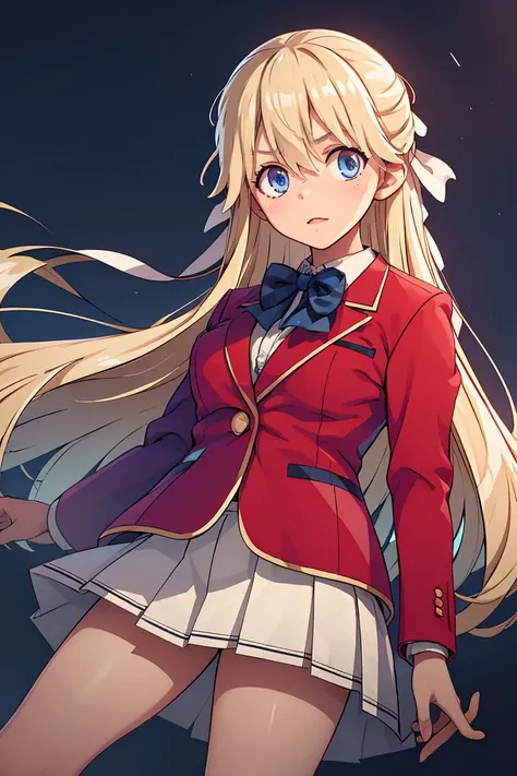 (masterpiece, best quality), 1girl,    <lora:nanase_tsubasa_v1:1> 1girl, solo, long hair, blonde hair, hair ribbon, bangs, blue eyes, blue bowtie, collared shirt, blazer, red jacket, long sleeves, pleated skirt, white skirt