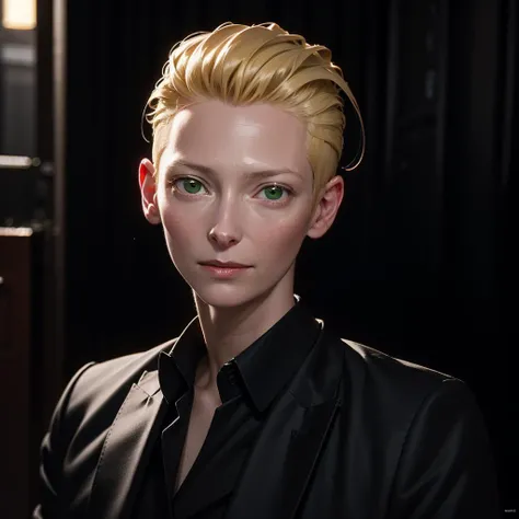 Best_QualityPos, RAW photo, intricate details, best quality, 8k uhd, soft lighting, 1girl, solo, short hair, blonde hair, (hair slicked back:1.4), green eyes, black collared shirt <lora:Tilda_Swinton:0.7> <lora:LowRA:0.6>