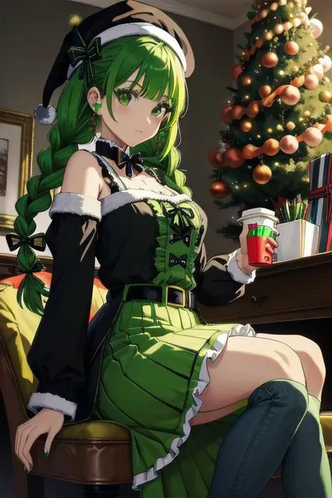 a woman in a green dress sitting on a chair next to a christmas tree