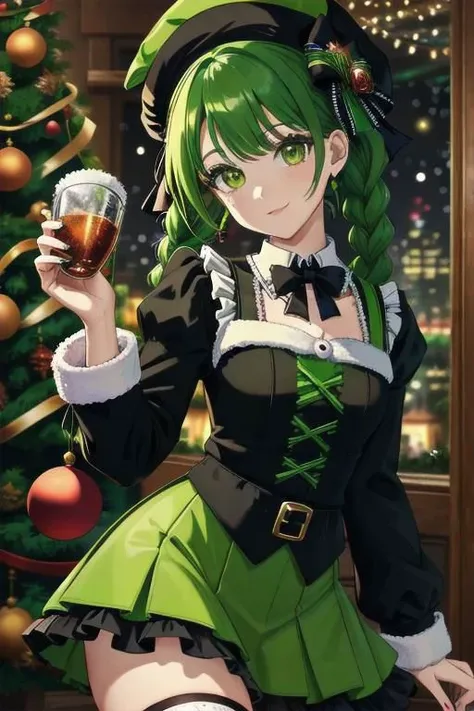 a woman in a green dress holding a glass of wine