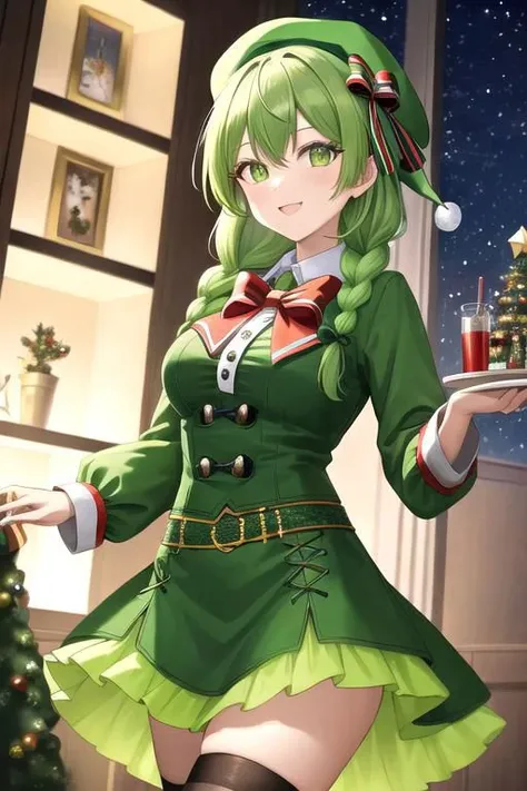 a woman in a green dress holding a tray with a christmas tree