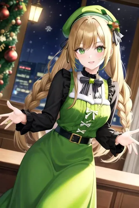 a close up of a person in a green dress with a christmas tree in the background