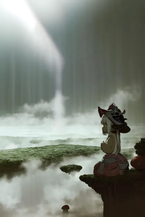 masterpiece, best quality, ultra-detailed, illustration, cinematic composition, 
1girl, solo, furry, nanachi (made in abyss), nanachihat, nanachipants, animal ears, 
(closed mouth:1.1), looking away, 
abyss style, fog, scenery, nature, silhouette, mushroom...